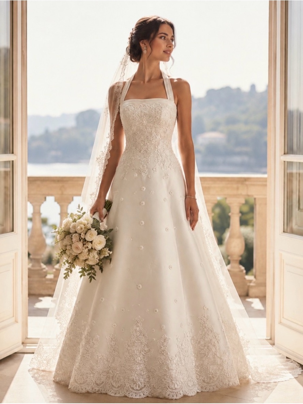 Signature White Halter Wedding Gown with Lace Trim